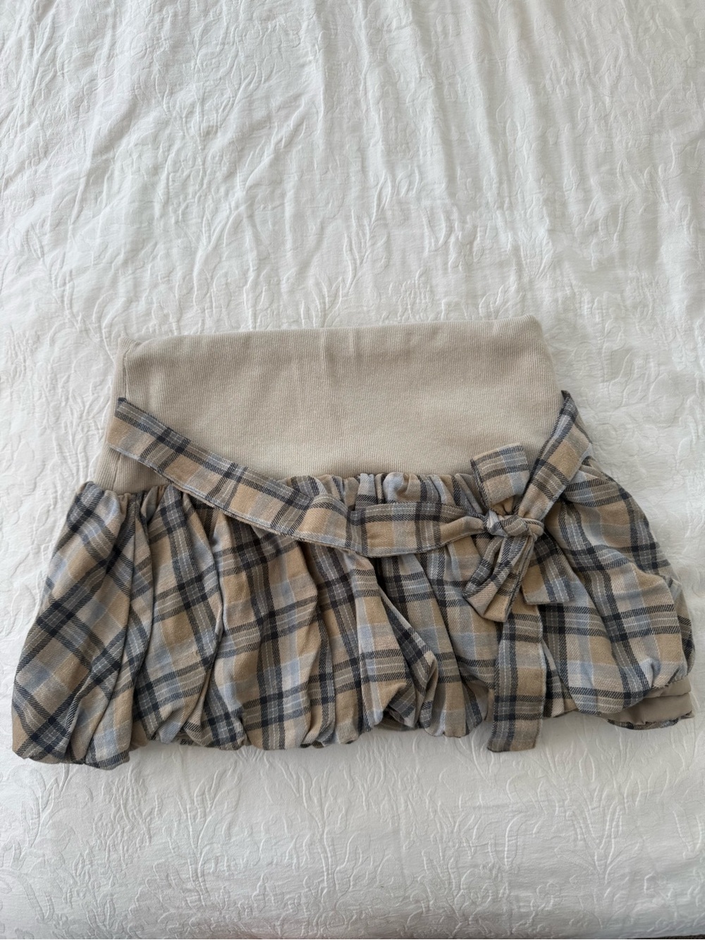 Plaid Tie-Waist Bubble Hem Skirt in Beige